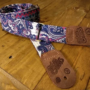 Antique 'n' Sleek guitar strap, handmade, real leather ends, blue, white and pink colours - Sexy Straps by Revel Threads