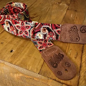 Blister'd Firestarter guitar strap, handmade, real leather ends, bold red, yellow and black colours - Sexy Straps by Revel Threads