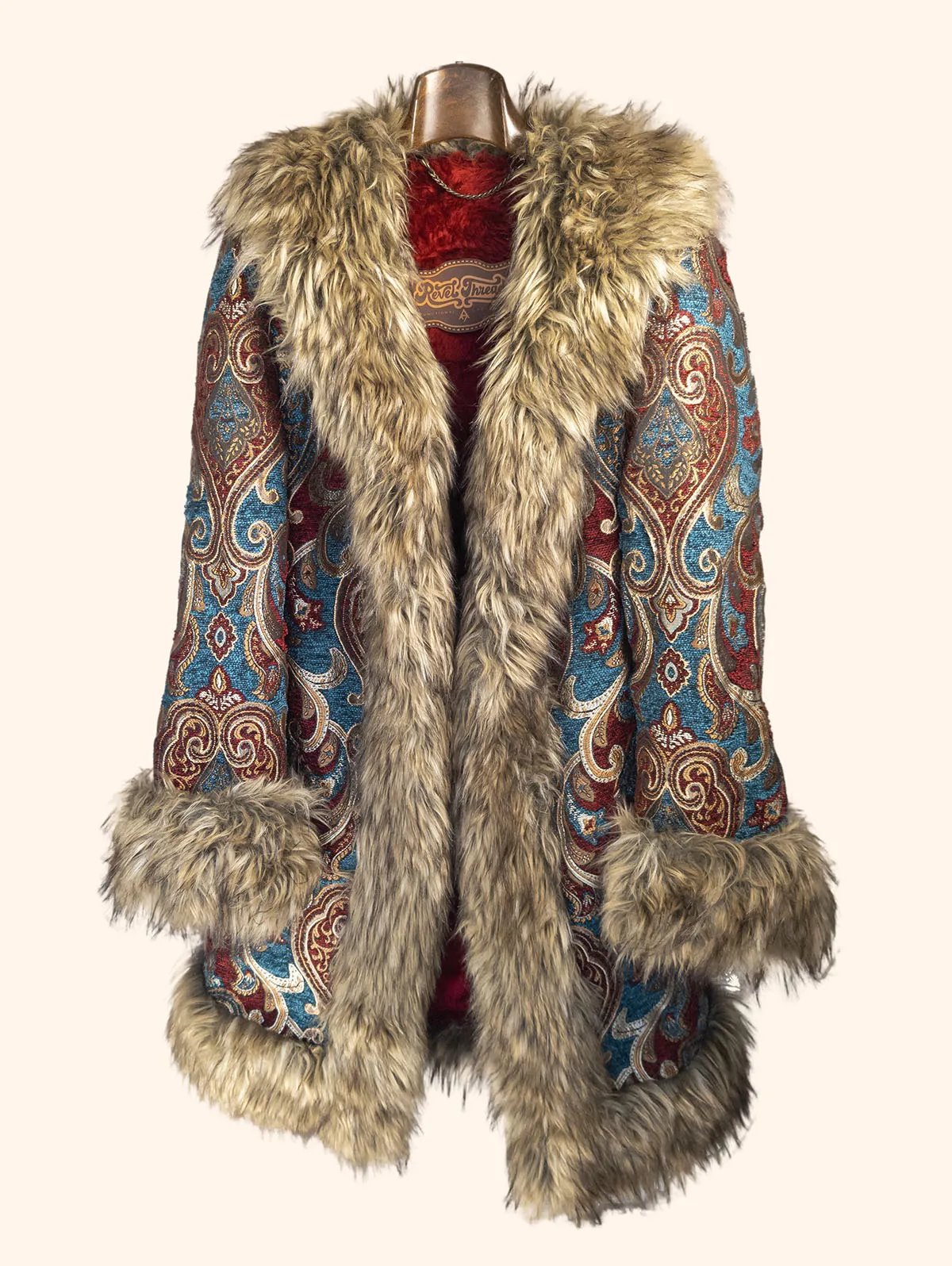 Huxley Luxe Festival Coat front view on a hanger – premium festival coat by Revel Threads