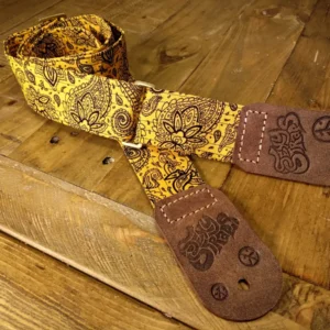Kernel Mustard guitar strap, handmade, real leather ends, yellow and black paisley colours - Sexy Straps by Revel Threads