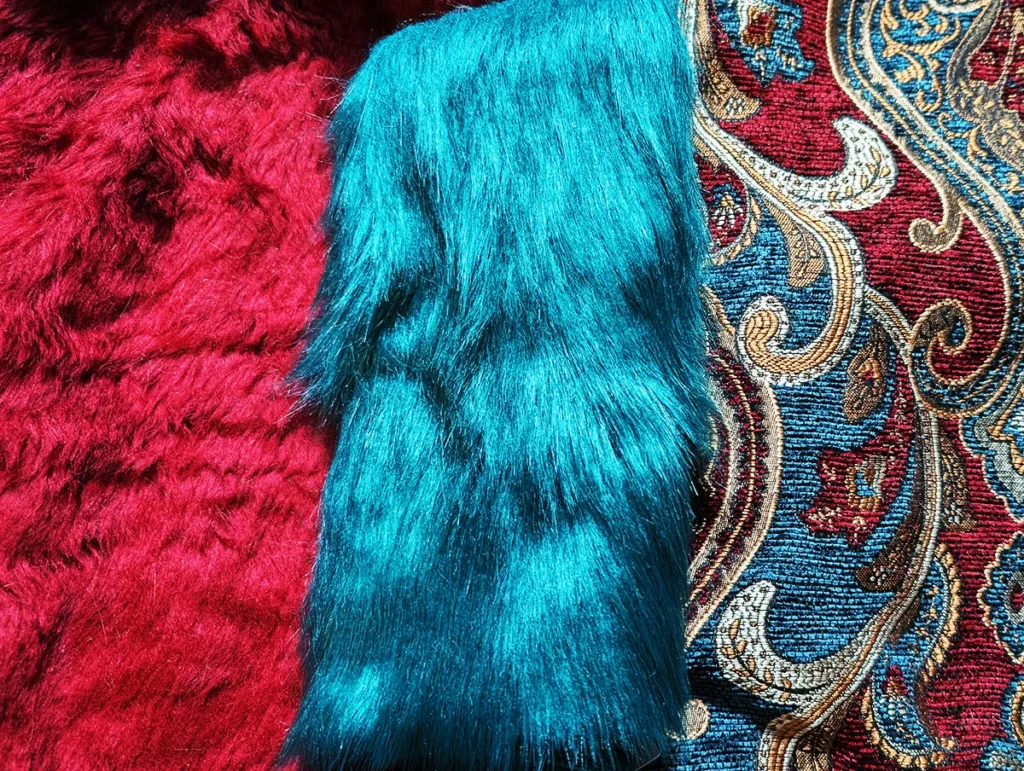 Vibrant faux fur and paisley brocade fabrics to showcase some of the possiblities of Revel Threads custom design