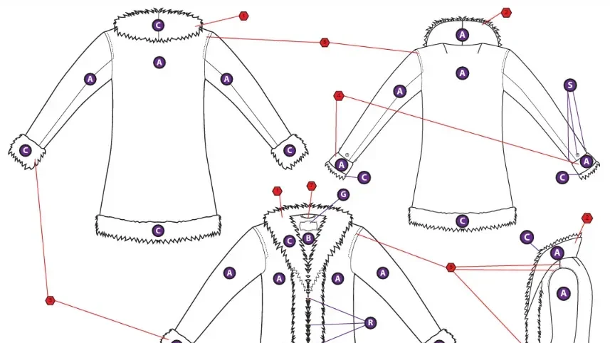A schematic technical drawing of a Revel Threads Festival Coat from a Tech Pack