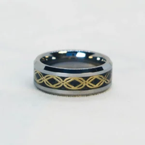 Apsam Nexus Ring bright studio front view, tungsten carbide, silver finish, sacred geometry pattern