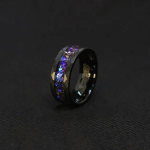 Cosmic Bridge Ring dark cosmic angle, tungsten carbide, meteorite fragment inlay, black and silver accents