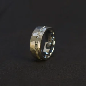 Meteor Strike Ring dramatic dark background angle, tungsten carbide, meteorite inlay, silver-tone edges