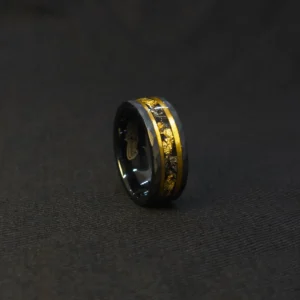 Stellar Drift Ring dark cosmic background, tungsten carbide, meteorite and gold leaf inlay, polished black edge
