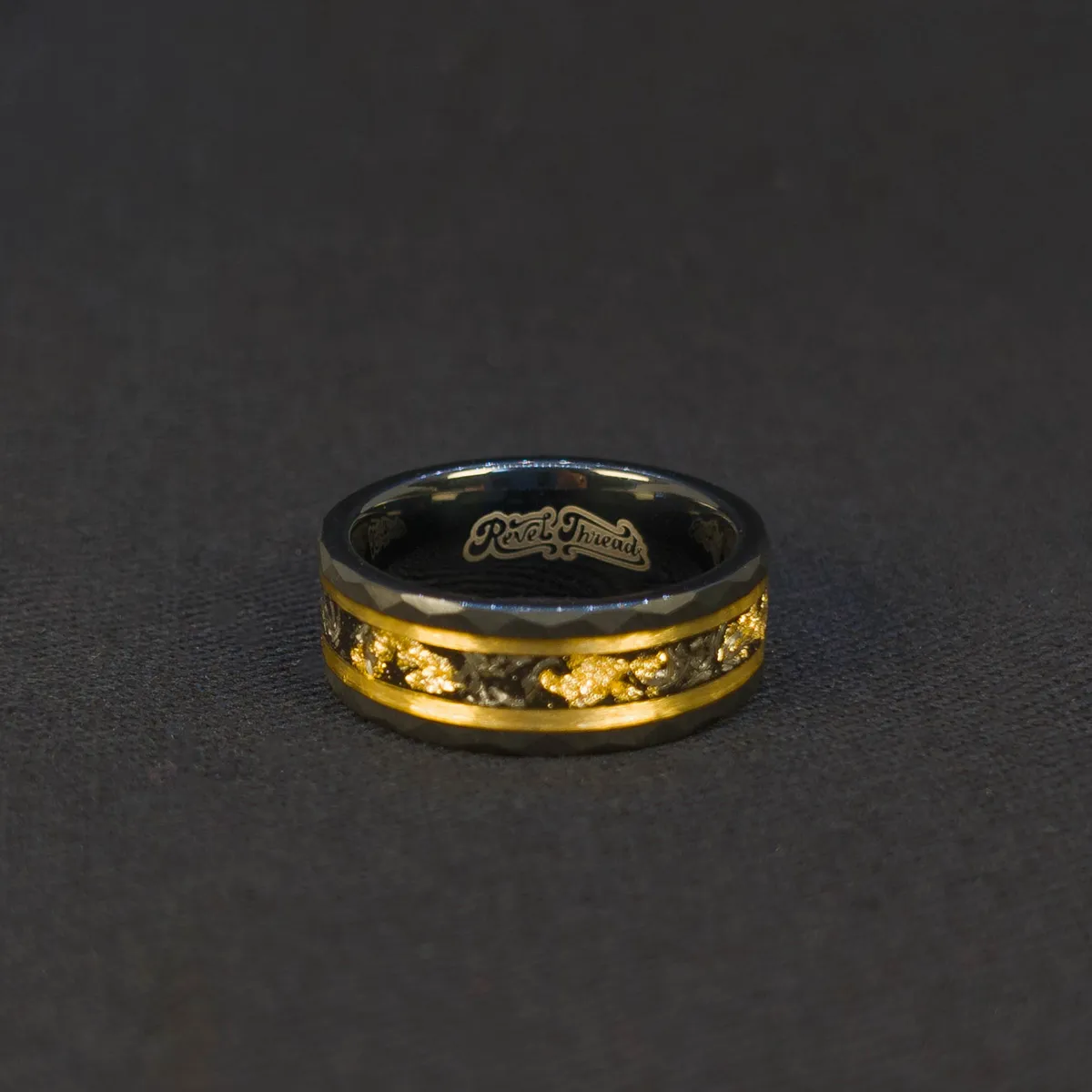 Stellar Drift Ring dark cosmic background, tungsten carbide, meteorite and gold leaf inlay, polished black edge