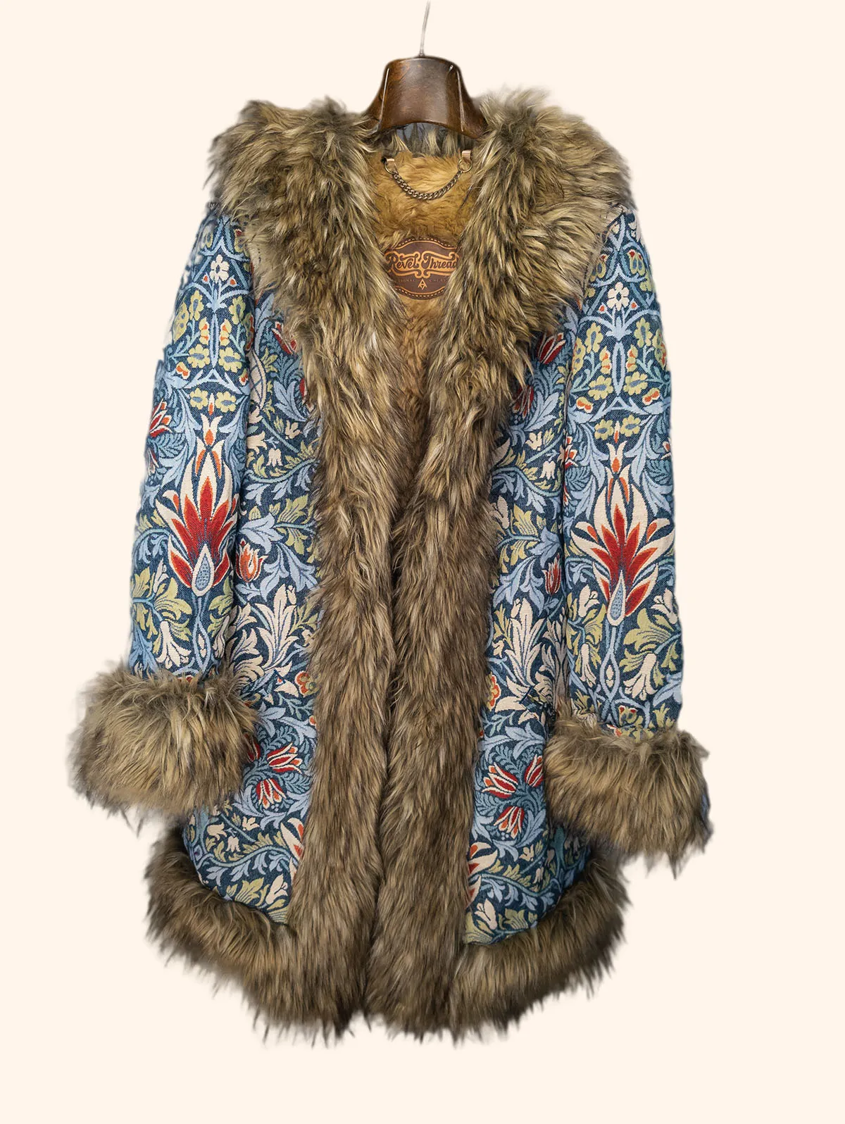 Shelley Luxe Festival Coat front view on a hanger – premium festival coat by Revel Threads