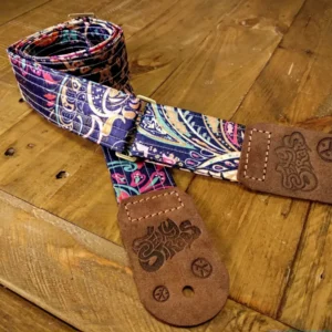 Shine On guitar strap, handmade, real leather ends, blue, pink and cream iridescent colours - Sexy Straps by Revel Threads