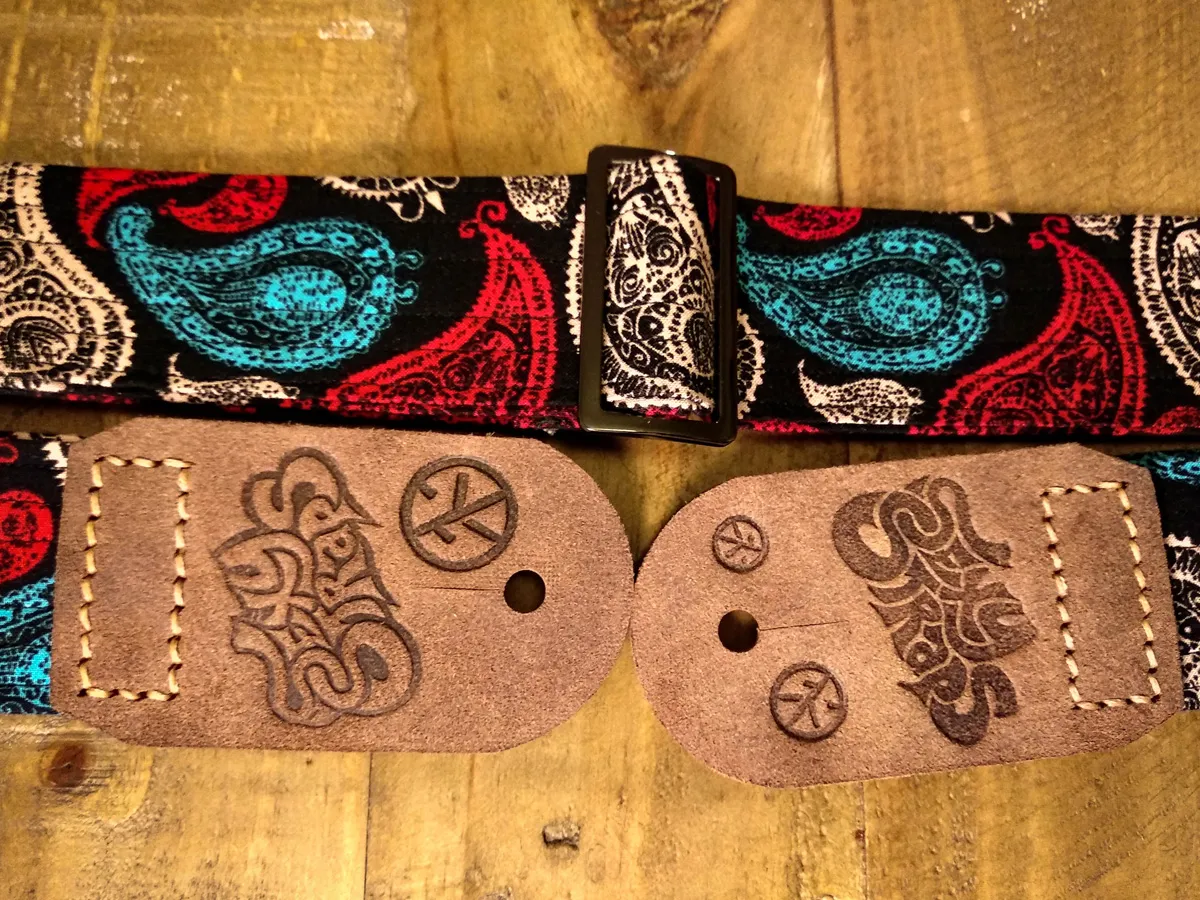 Three P Sweet guitar strap, handmade, real leather ends, blue, beige and red paisley on black background colours - Sexy Straps by Revel Threads