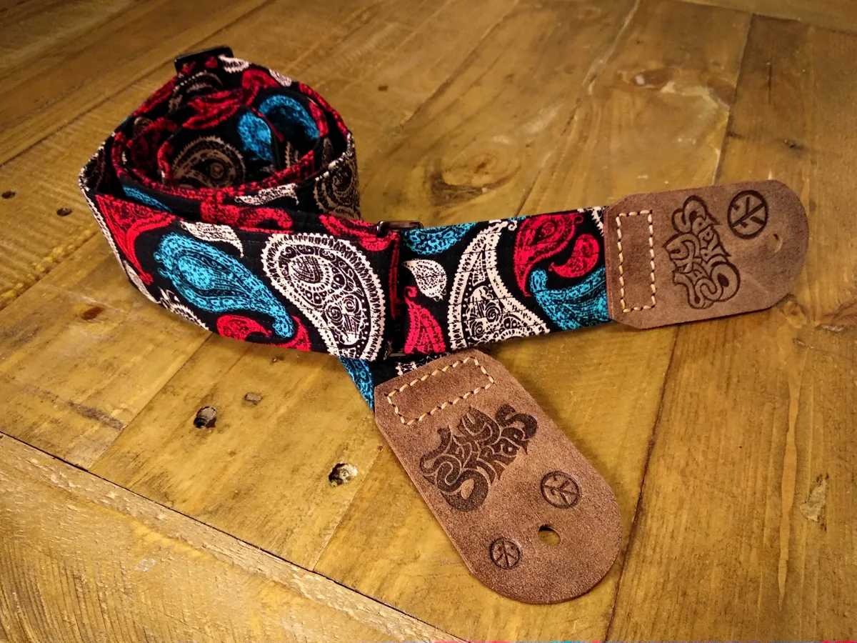 Three P Sweet guitar strap, handmade, real leather ends, blue, beige and red paisley on black background colours - Sexy Straps by Revel Threads