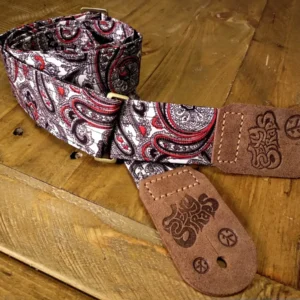 Vintage Vibes guitar strap, handmade, real leather ends, red and black paisley on white colours - Sexy Straps by Revel Threads