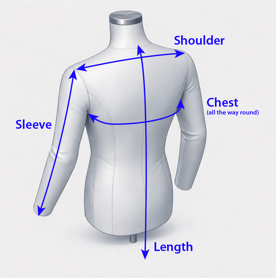 Mannequin back view showing how to measure shoulder width, chest circumference, sleeve length, and garment length – Revel Threads size guide
